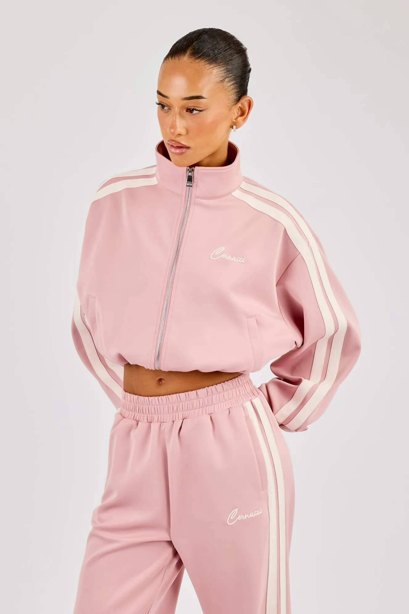 Taping Cropped Funnel Neck Jacket - Dusty Pink