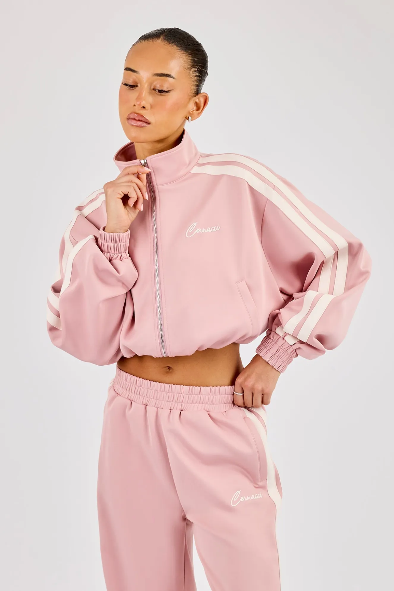 Taping Cropped Funnel Neck Jacket - Dusty Pink
