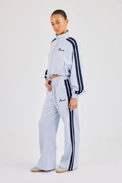 Taping Cropped Funnel Neck Jacket & Wide Leg Track Pant - Light Blue