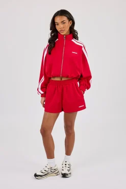 Taping Cropped Funnel Neck Jacket & Short - Red