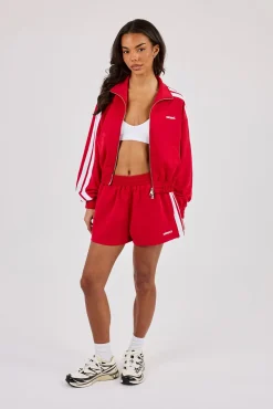 Taping Cropped Funnel Neck Jacket & Short - Red