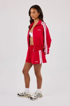 Taping Cropped Funnel Neck Jacket & Short - Red