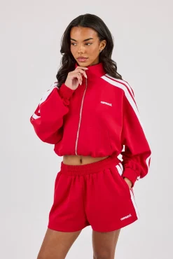 Taping Cropped Funnel Neck Jacket - Red