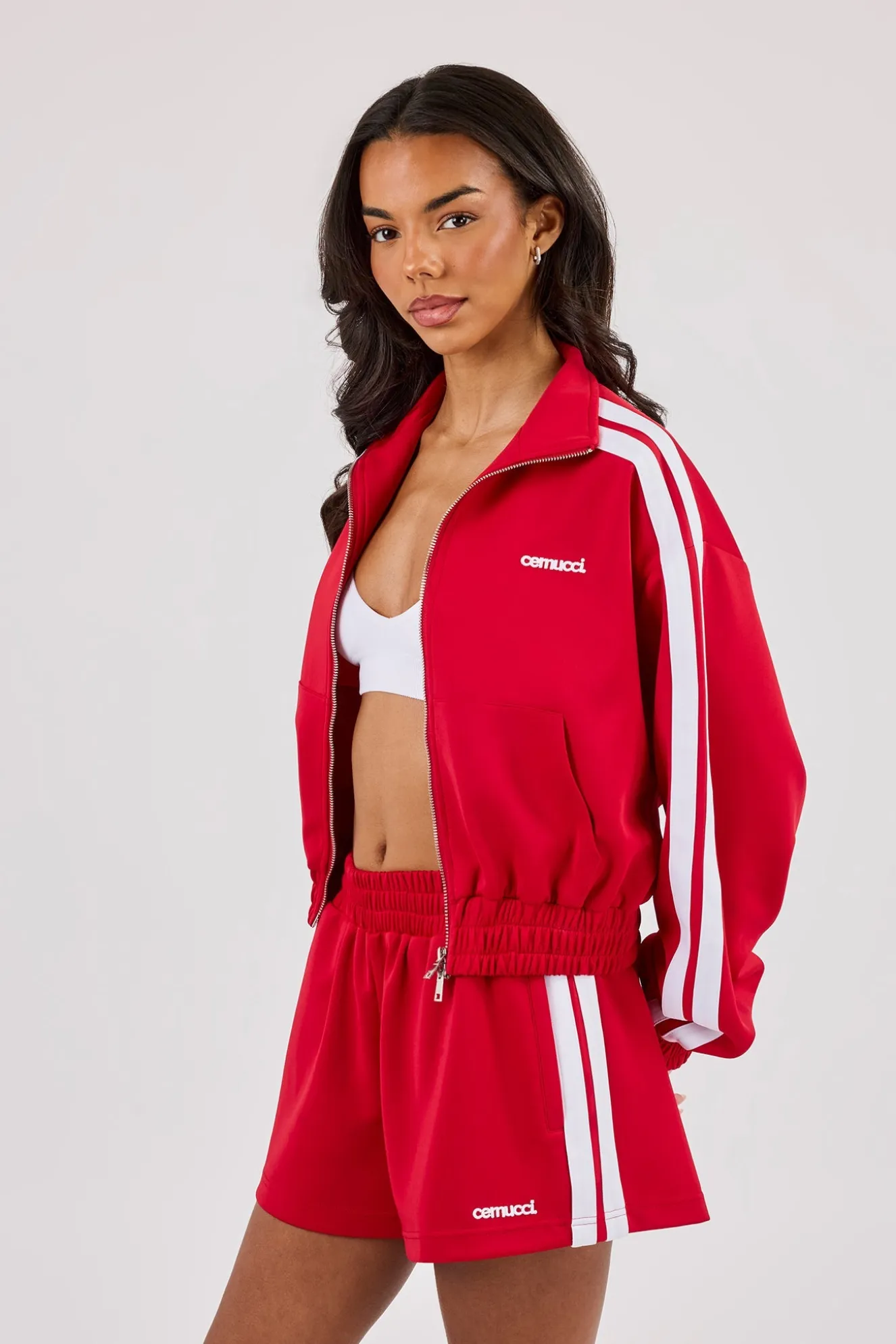 Taping Cropped Funnel Neck Jacket - Red