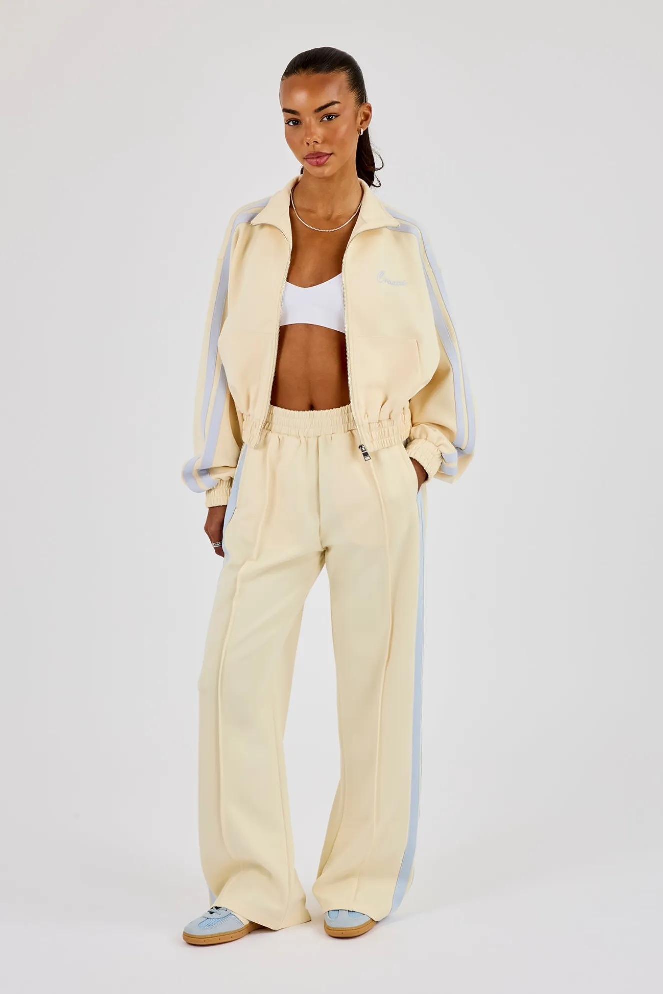 Taping Cropped Funnel Neck Jacket & Wide Leg Track Pant - Butter Yellow