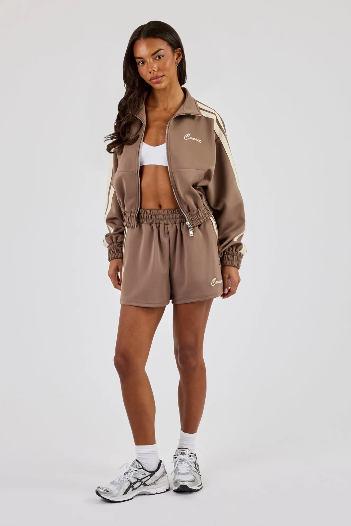 Taping Cropped Funnel Neck Track Jacket & Taping Short - Taupe