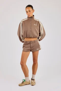 Taping Cropped Funnel Neck Track Jacket & Micro Short - Taupe