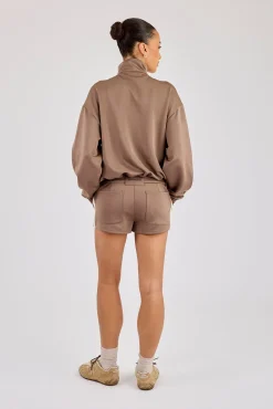 Taping Cropped Funnel Neck Track Jacket & Micro Short - Taupe