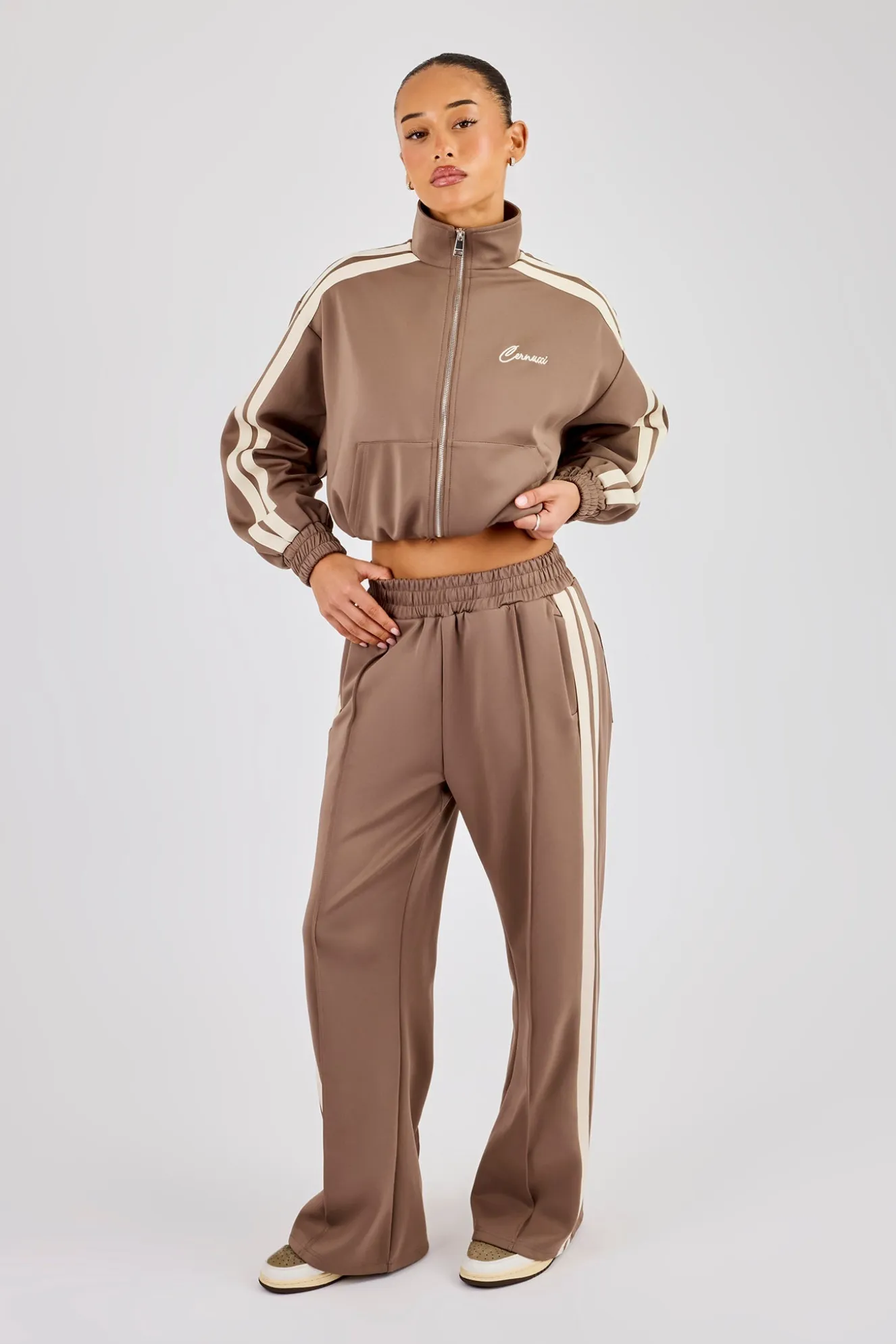 Taping Cropped Funnel Neck Tracksuit - Taupe
