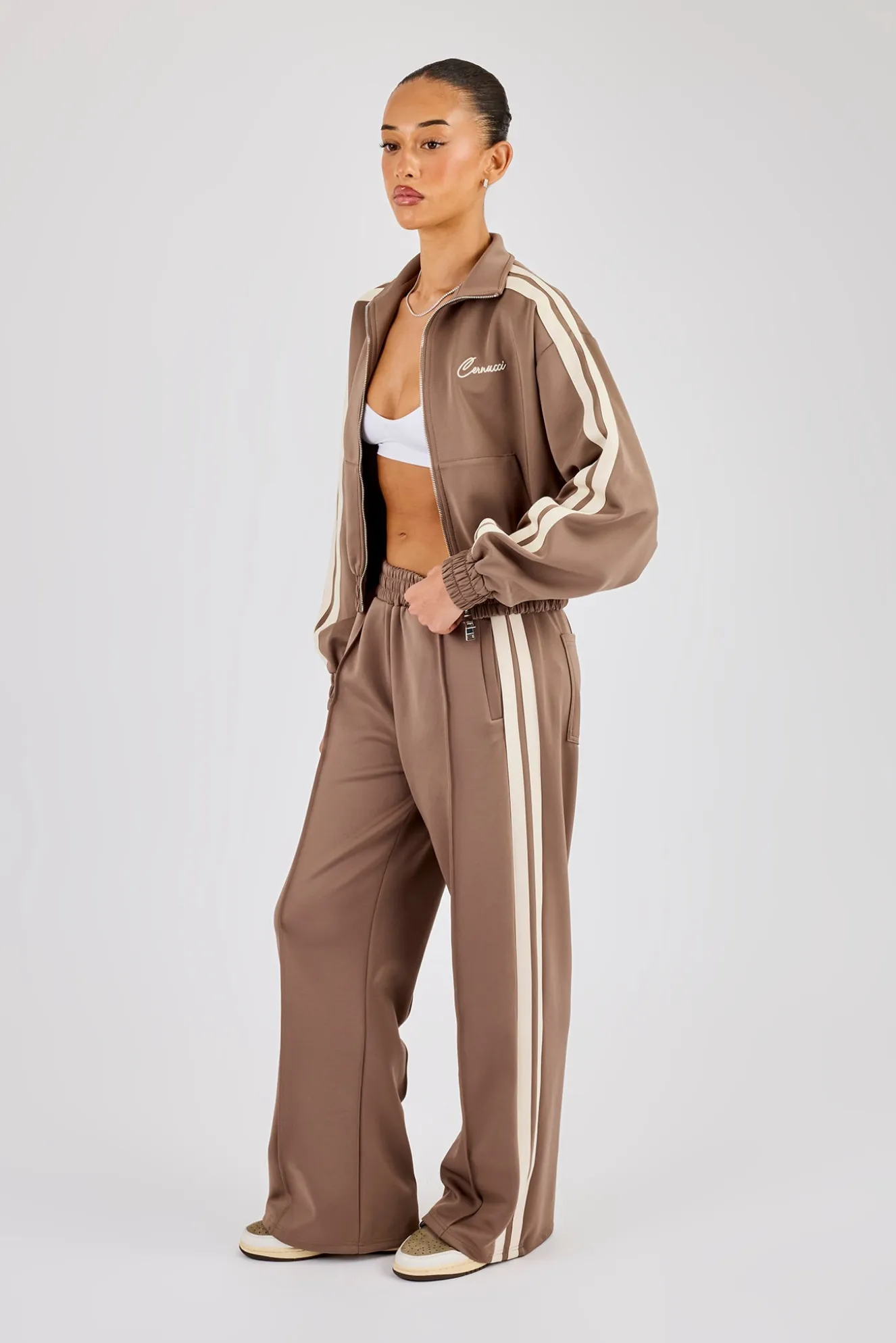Taping Cropped Funnel Neck Tracksuit - Taupe