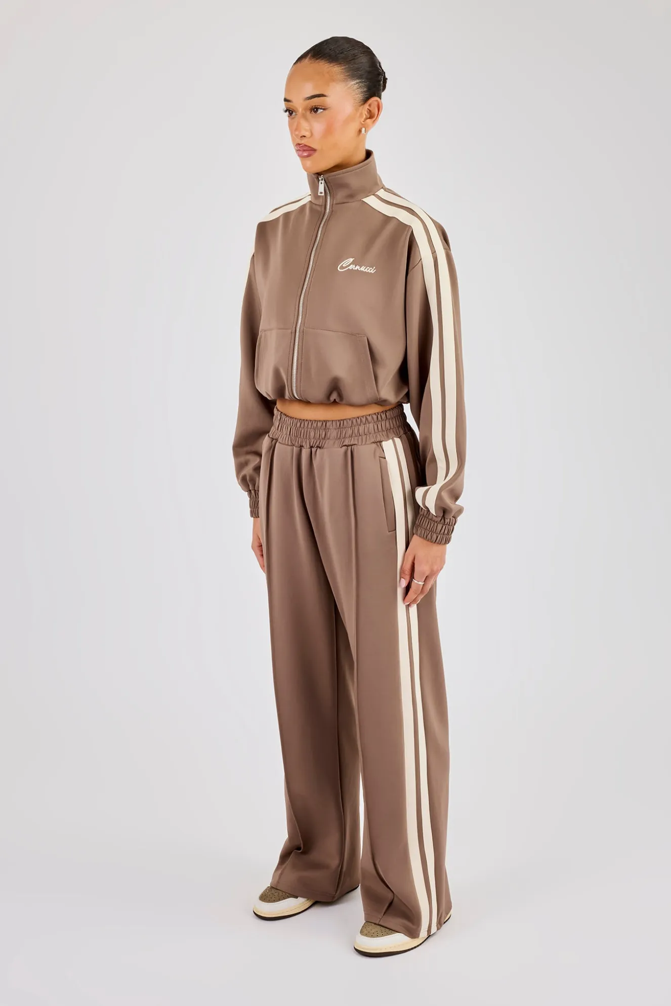Taping Cropped Funnel Neck Tracksuit - Taupe