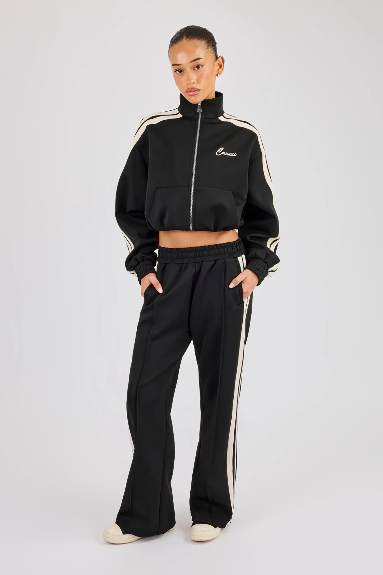 Taping Cropped Funnel Neck Tracksuit - Black