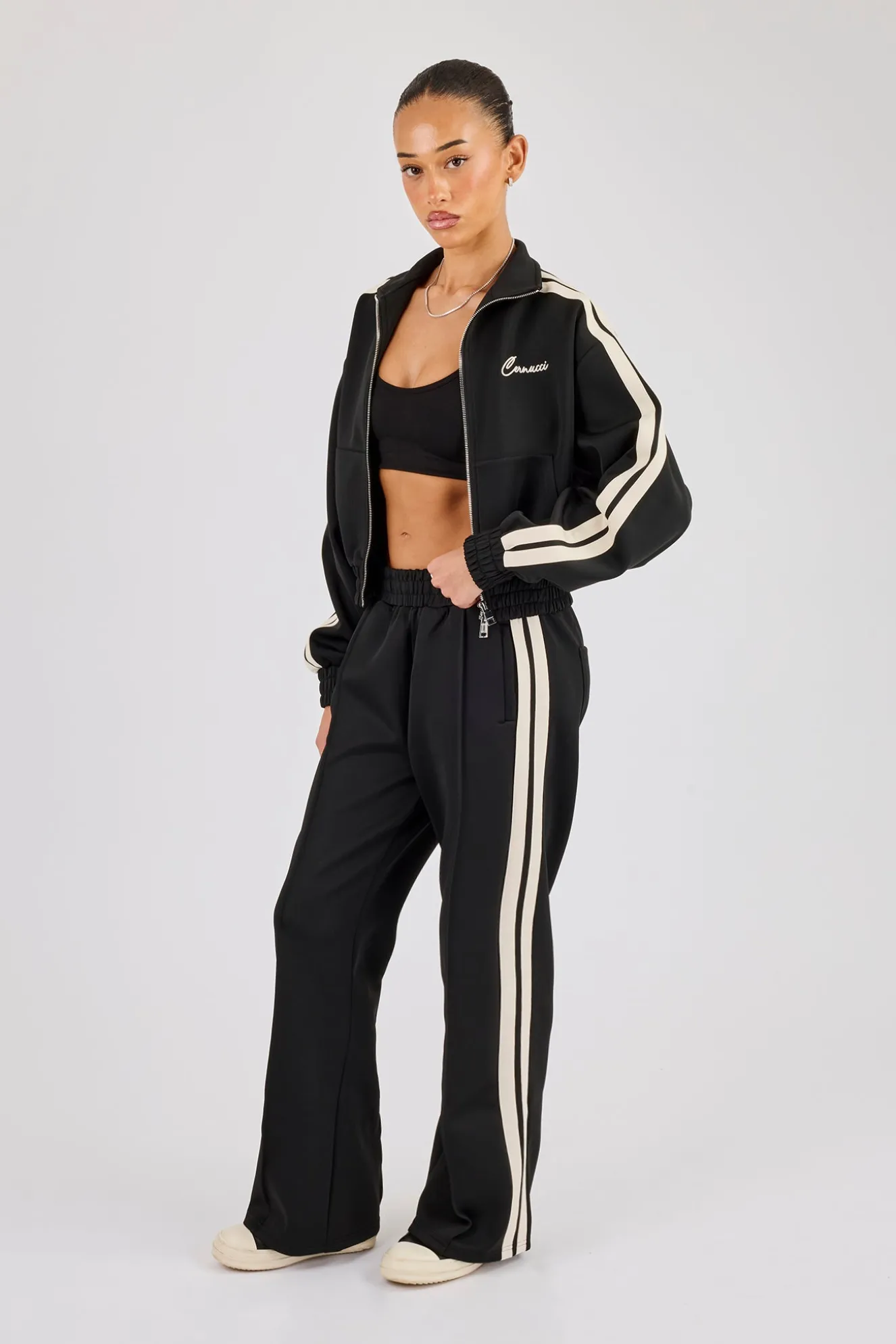 Taping Cropped Funnel Neck Tracksuit - Black