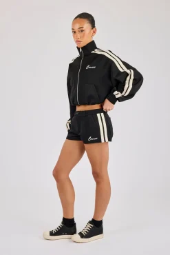 Taping Cropped Funnel Neck Track Jacket & Micro Short - Black
