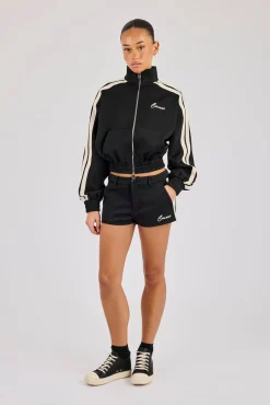 Taping Cropped Funnel Neck Track Jacket & Micro Short - Black