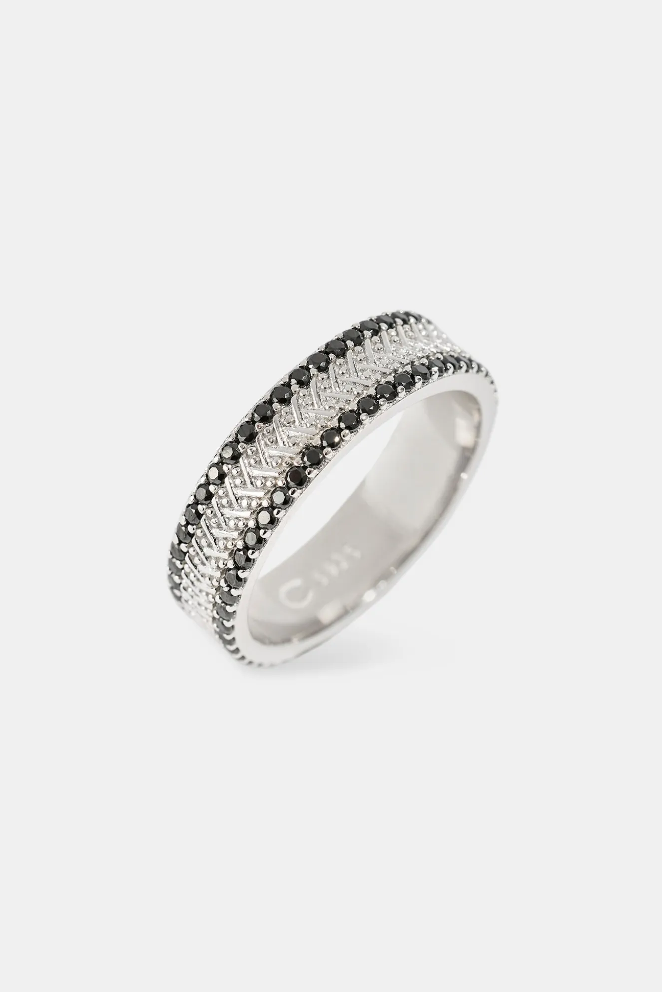 Textured & Black Iced Band Ring - 6mm - White Gold