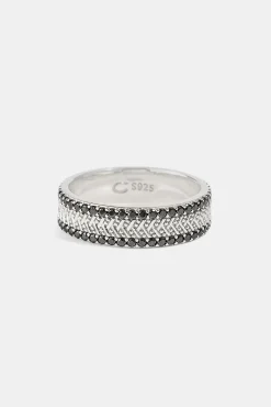 Textured & Black Iced Band Ring - 6mm - White Gold