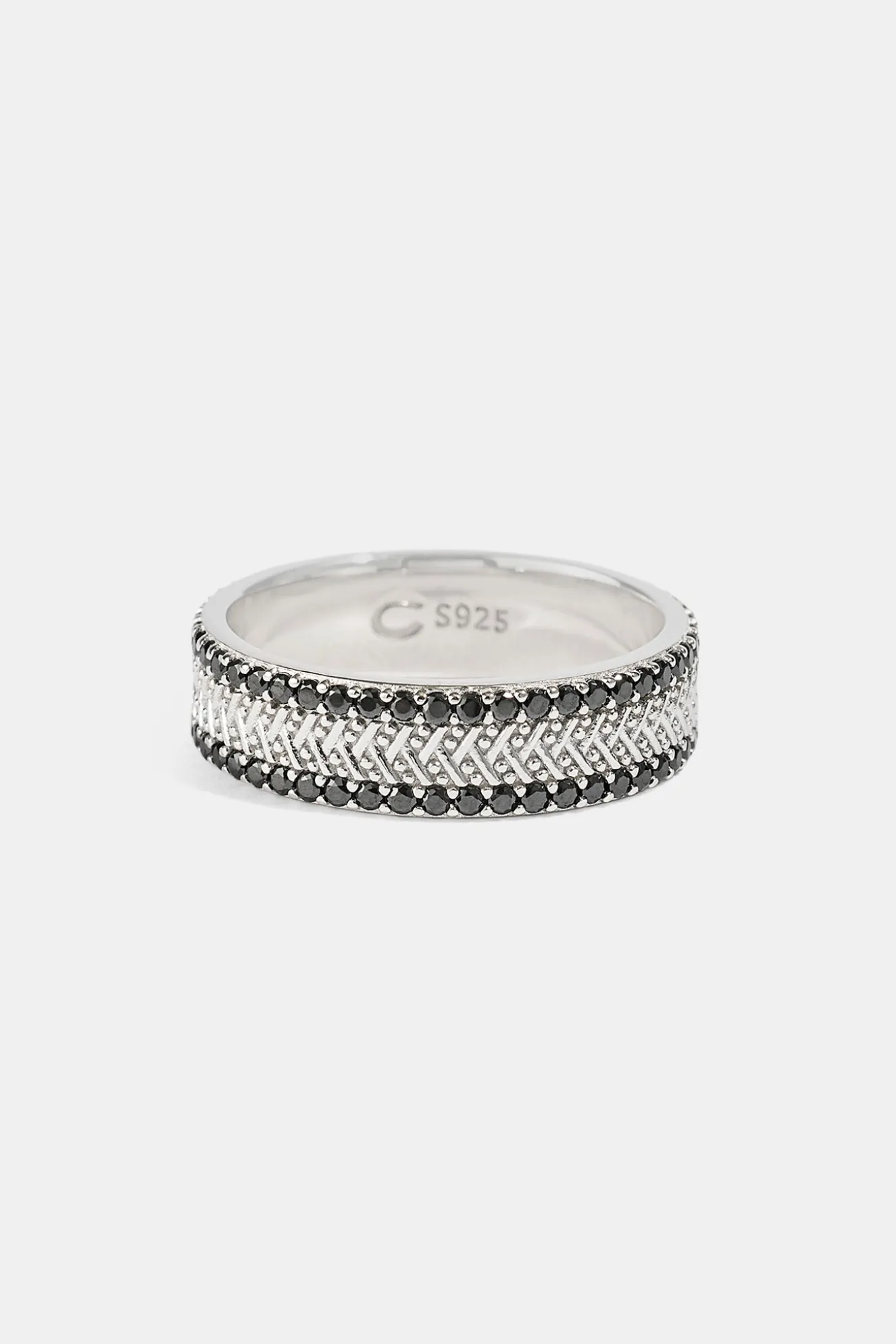 Textured & Black Iced Band Ring - 6mm - White Gold