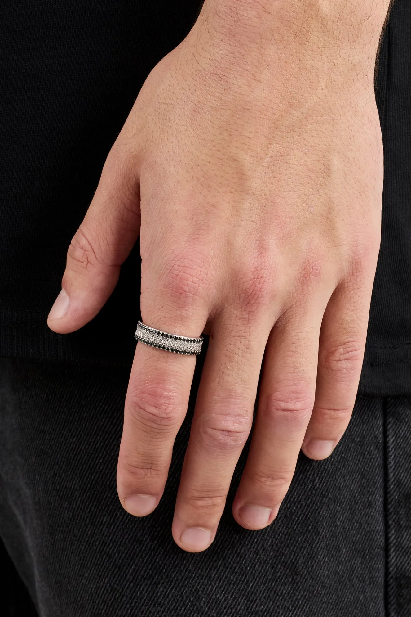 Textured & Black Iced Band Ring - 6mm - White Gold