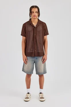 Textured Button Front Revere Shirt - Chocolate