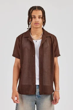 Textured Button Front Revere Shirt - Chocolate