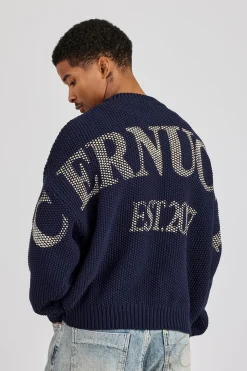 Textured Knit Printed Sweatshirt - Navy Blue