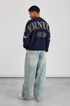 Textured Knit Printed Sweatshirt - Navy Blue