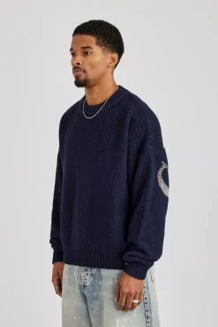 Textured Knit Printed Sweatshirt - Navy Blue