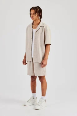 Textured Revere Collar Shirt & Short - Stone