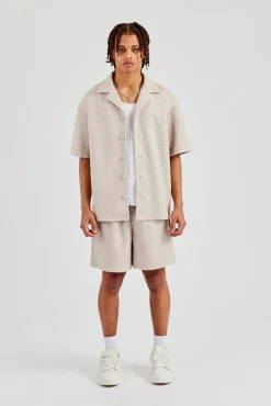 Textured Revere Collar Shirt & Short - Stone
