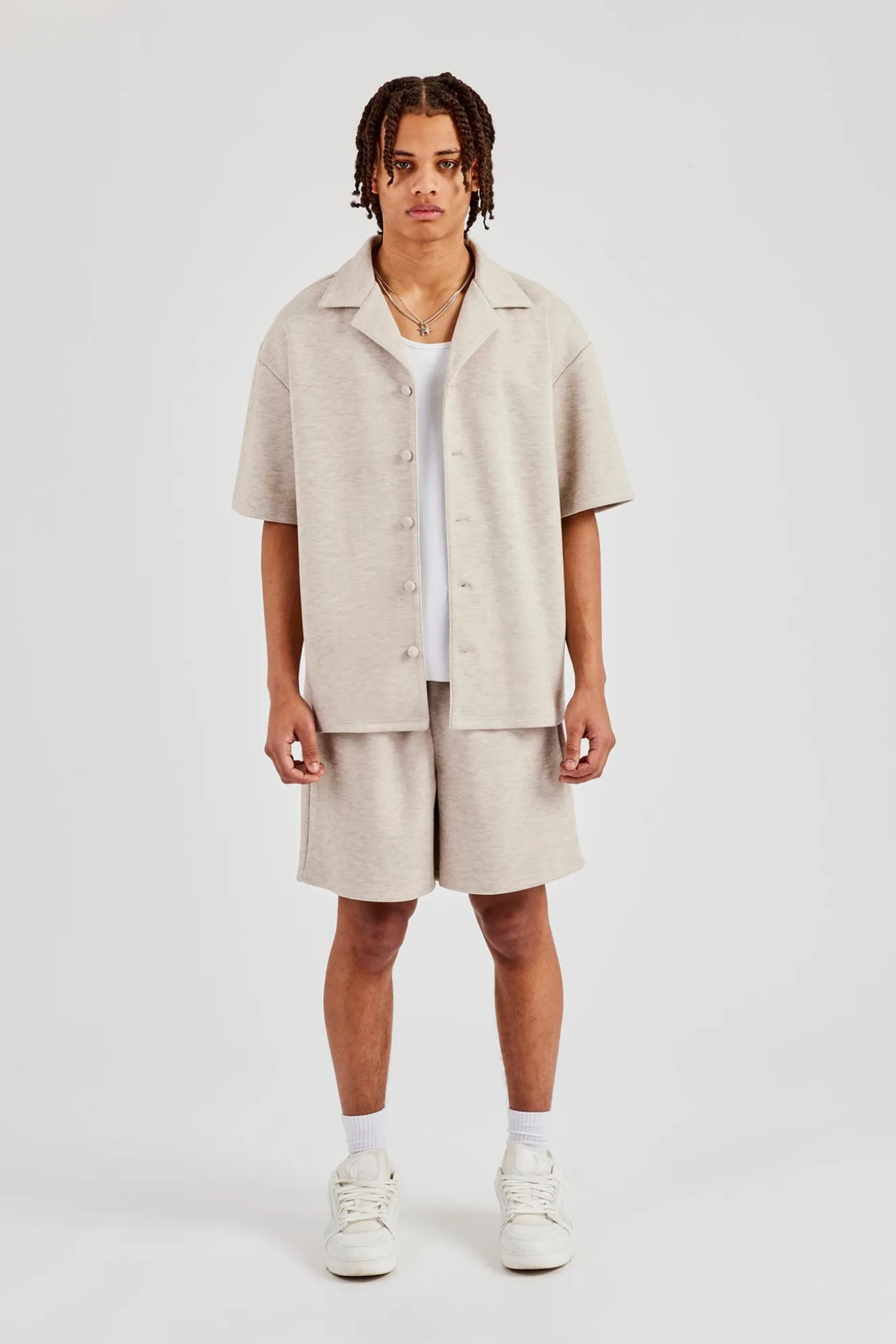 Textured Revere Collar Shirt & Short - Stone