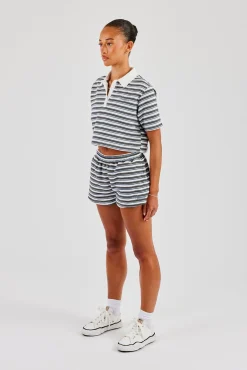 Textured Stripe Short Sleeve Polo & Shorts - Blue