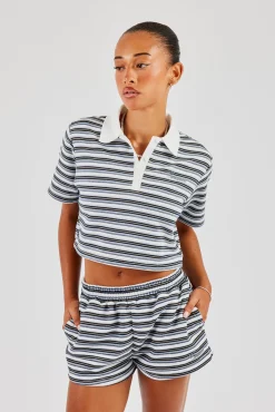 Textured Stripe Short Sleeve Polo & Shorts - Blue