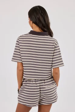 Textured Stripe Short Sleeve Polo - Brown
