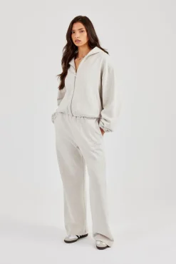 Towelling Applique Zip Hoodie & Wide Leg Jogger - Grey Marl