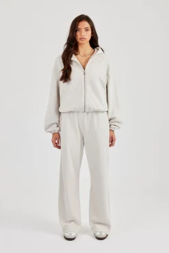 Towelling Applique Zip Hoodie & Wide Leg Jogger - Grey Marl