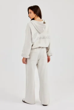 Towelling Applique Zip Hoodie & Wide Leg Jogger - Grey Marl
