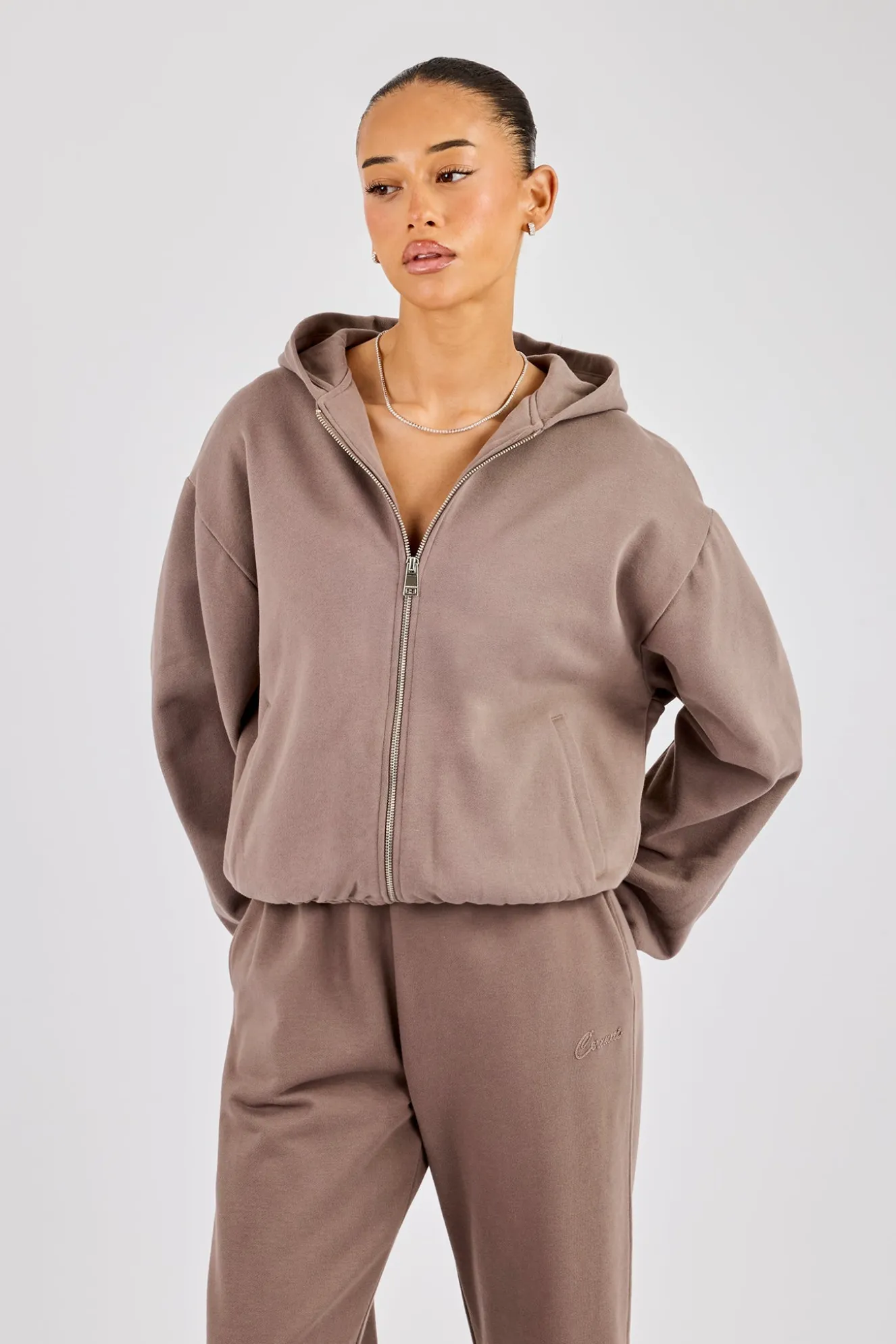 Towelling Applique Zip Hoodie - Taupe