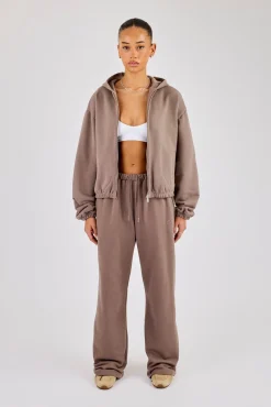 Towelling Applique Zip Hoodie - Taupe