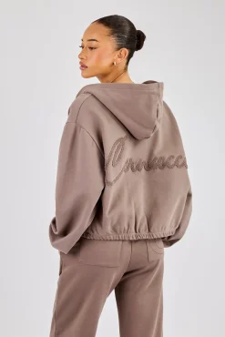 Towelling Applique Zip Hoodie - Taupe