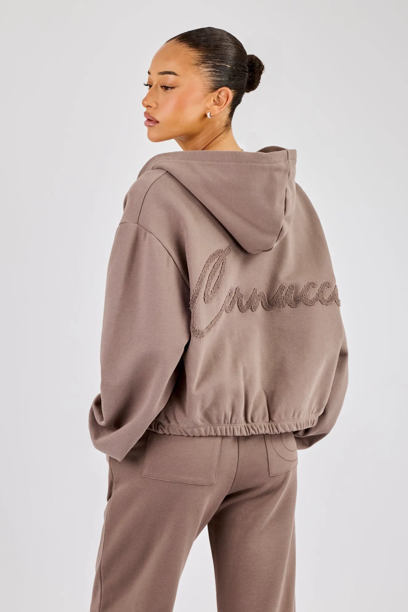 Towelling Applique Zip Hoodie - Taupe