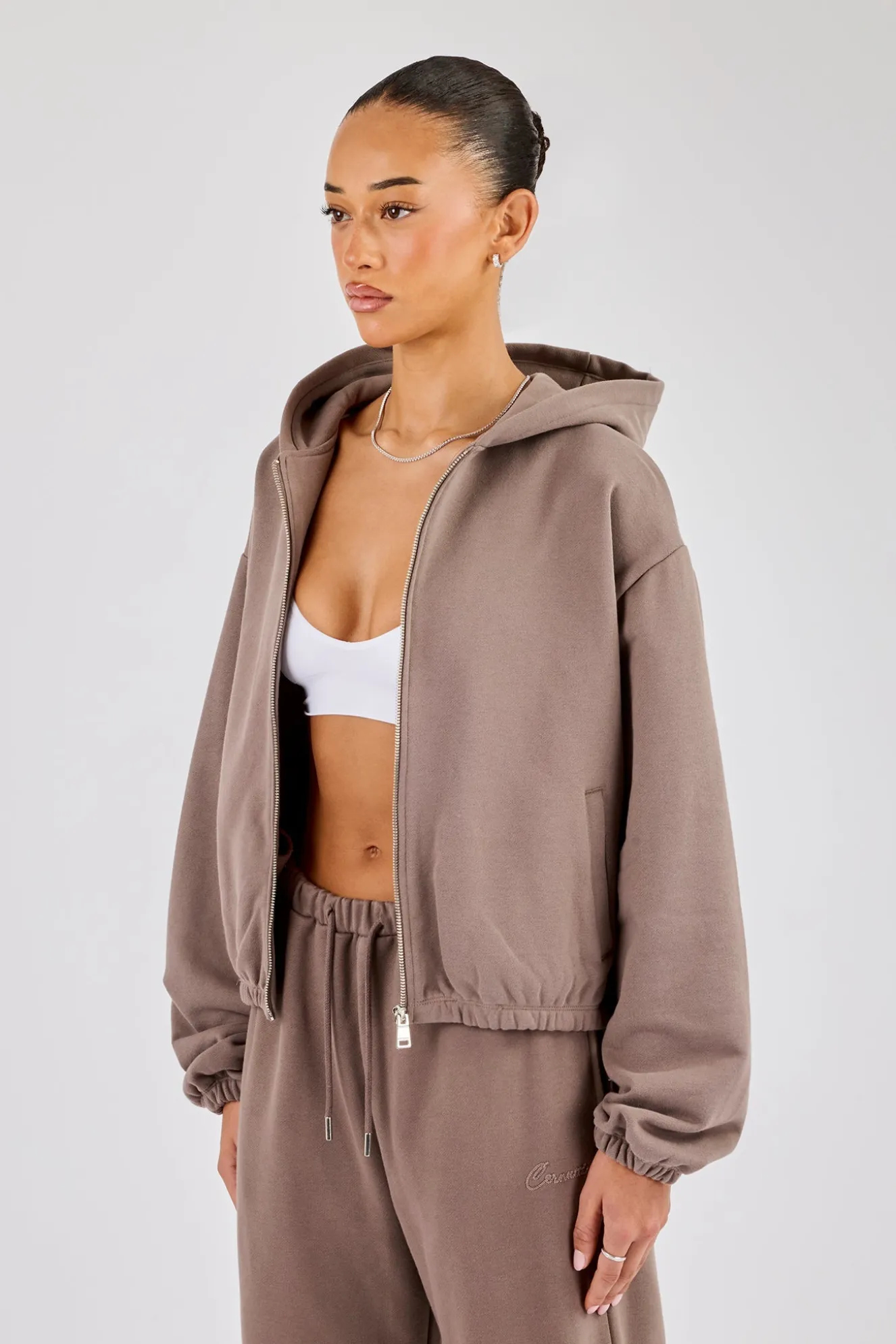 Towelling Applique Zip Hoodie - Taupe