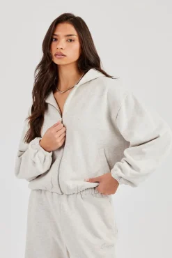 Towelling Applique Zip Hoodie - Grey Marl
