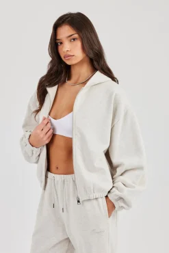 Towelling Applique Zip Hoodie - Grey Marl