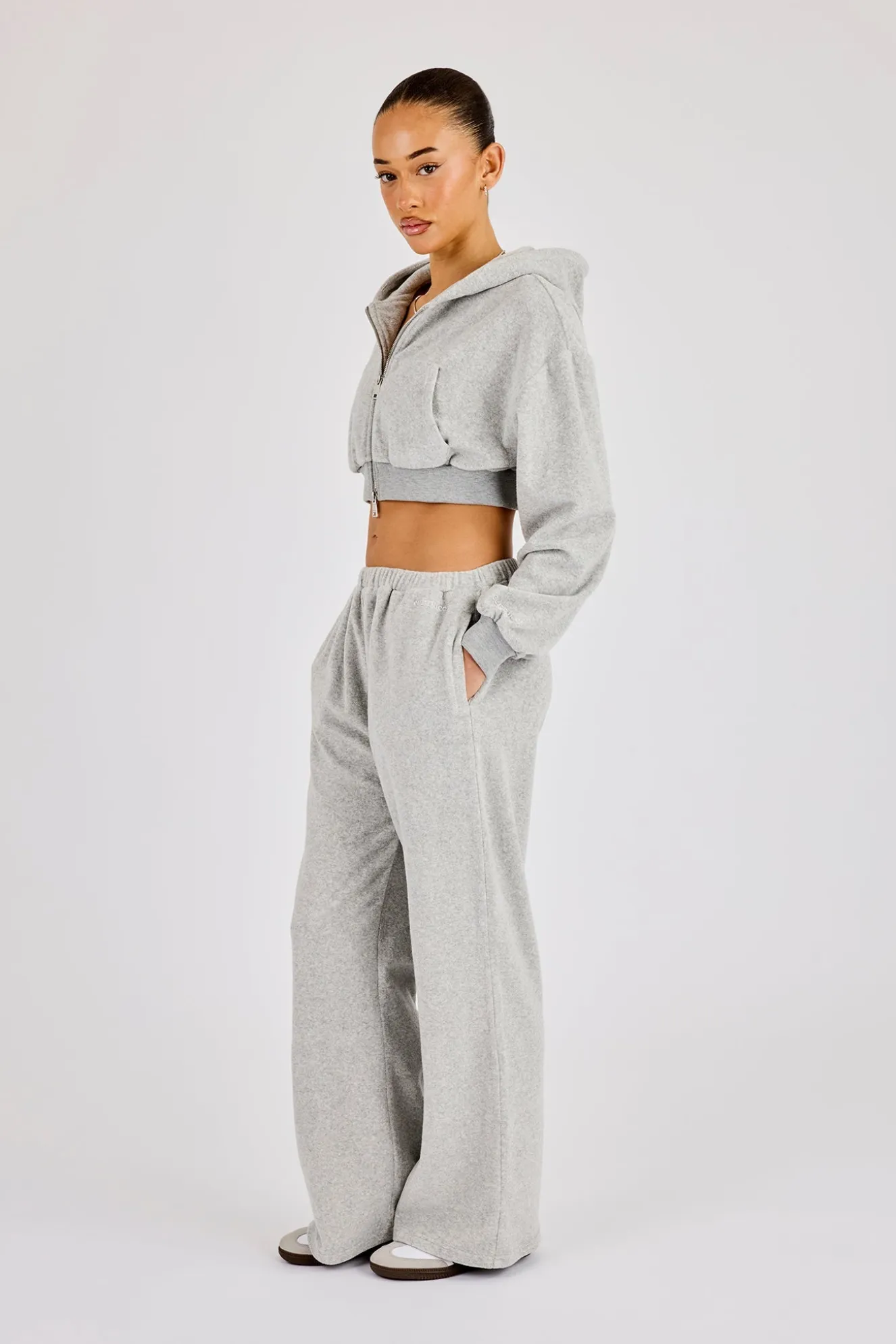 Towelling Cropped Zip Hoodie & Relaxed Jogger - Grey