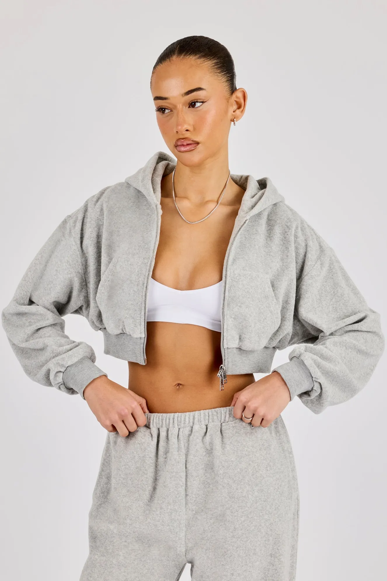 Towelling Cropped Zip Hoodie - Grey