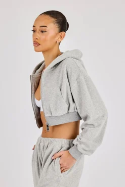 Towelling Cropped Zip Hoodie - Grey