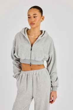 Towelling Cropped Zip Hoodie - Grey