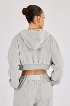 Towelling Cropped Zip Hoodie - Grey