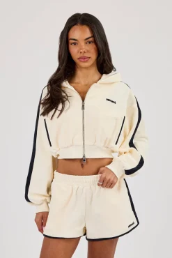 Towelling Super Crop Zip Hoodie - Off White